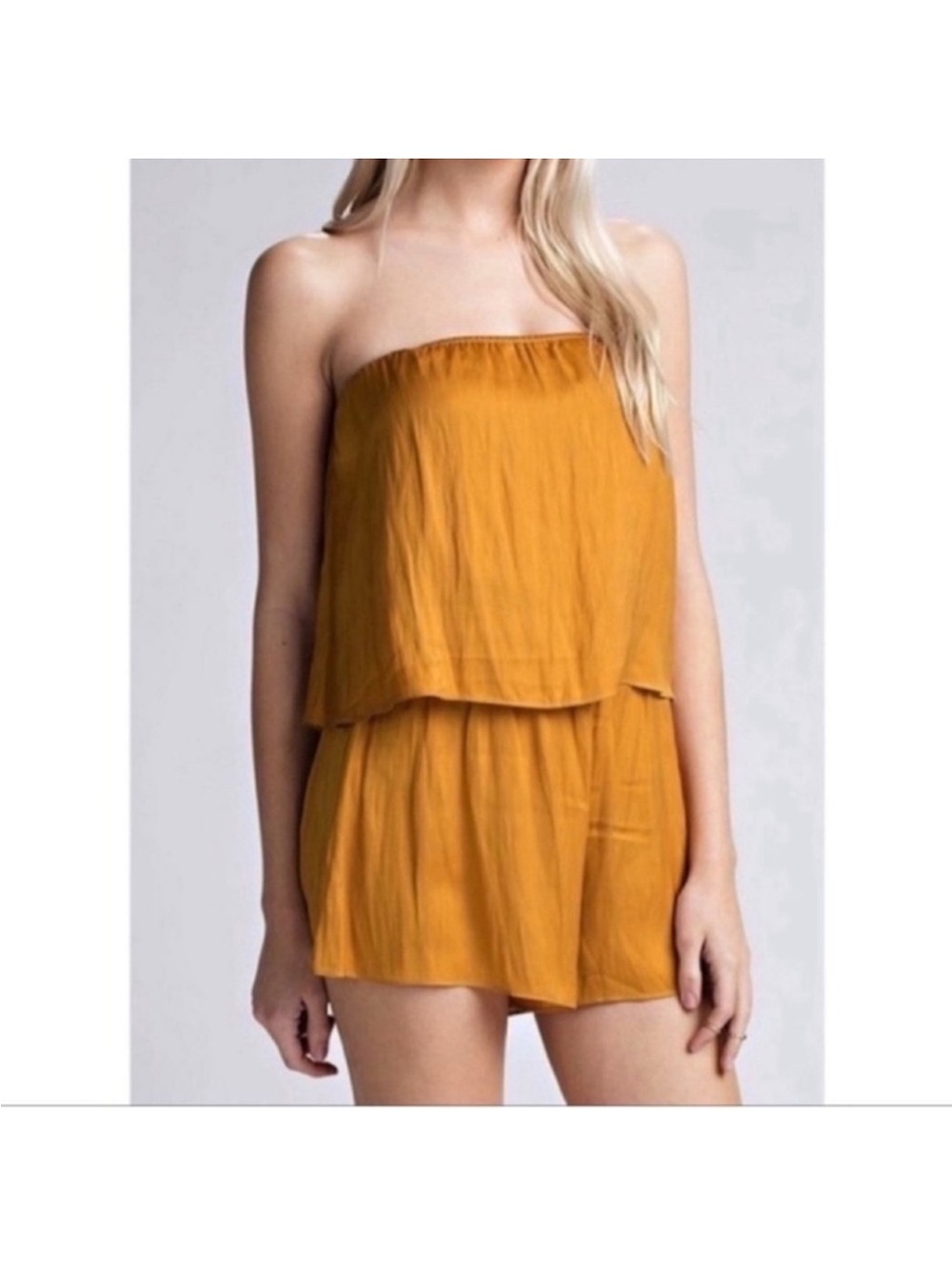 NWT Honey Punch mustard Satin Strapless Romper/Jumpsuit Sz L Elastic waistline